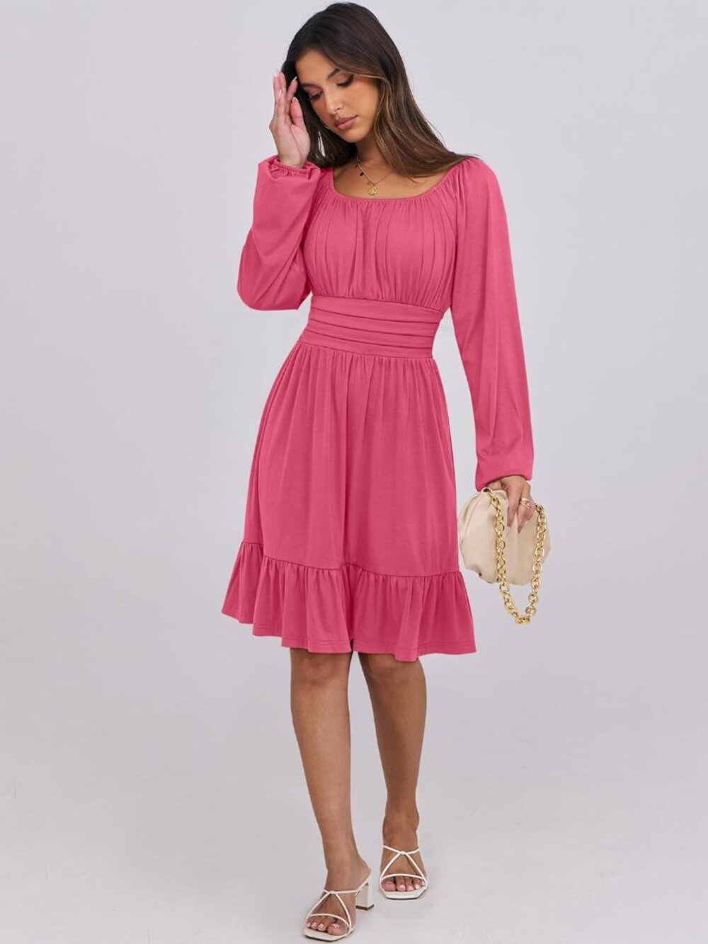 Women's Hot Pink Long Lantern Sleeve Waist Ruffle Flowy Swing A-Line Short Dress - Picture 6 of 6